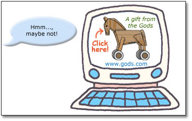 A cartoon showing a computer on whose screen is a picture of a wooden horse labelled ‘A gift from the Gods!! www.gods.com Click here!’ A voice from off-stage says ‘Hmmm,,, maybe not!'