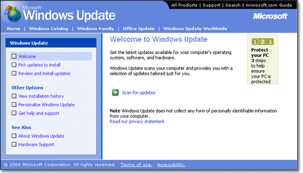 A screen dump of the Microsoft Windows Update website. A left-hand panel provides links such as ‘Welcome’, ‘Pick updates to install’, ‘Review and install updates’; other standard links are at the top of the page. The main content says ‘Welcome to Windows update- get the latest updates available for your computer's operating system, software and hardware’. A button is provided to ‘Scan for updates’.