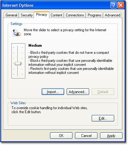 A screen dump of the Internet Explorer Privacy tab. A slider labelled ‘Settings’ is currently set at a value of ‘Medium’ and an accompanying description of cookie handling is given. An Advanced button is provided to customise the setting. A further Edit button is provided ‘to override cookie handling for individual web sites.'