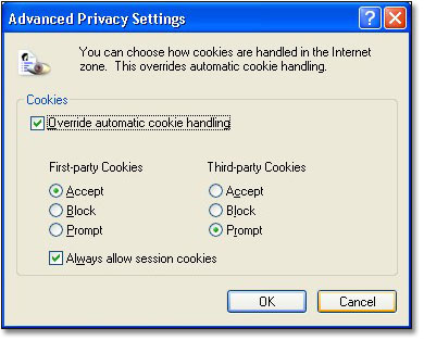 A screen dump of the Internet Explorer Advanced Privacy Settings dialog. A check box says ‘Override automatic cookie handling.’ Two columns of radio buttons control ‘First-party cookies’ and ‘Third-party cookies’ with choices- Accept, Block and Prompt.