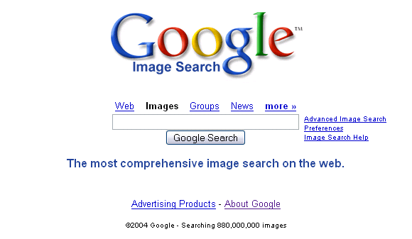 A screen dump of the Google image search home page. The centre offers a text box and a button ‘Google Search’. Links are provided to other types of search- Web, Groups, News, and Advanced Image Search. A line at the bottom claims ‘searching 880,000,000 images.’