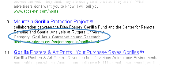 A screen dump of part of a Yahoo! results page. The ‘Category- Gorillas &gt; Conservation and Research’ link is circled in one of the results- ‘Mountain Gorilla Protection Project. collaboration between the Dian Fossey Gorilla Fund and the Center for Remote Sensing and Spatial Analysis at Rutgers University. Category- Gorillas &gt; Conservation and Research. deathstar.rutgers.edu/projects/gorilla/gorilla.html – 10k – Cached.’