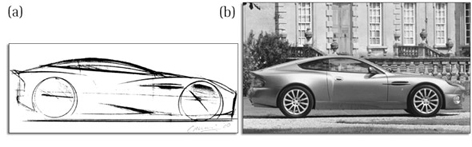 Sketch of the Aston Martin V12 Vanquish used at the conceptual stage and an image of the finished vehicle