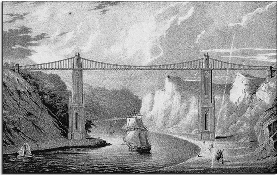 Painting showing Telford’s design for the Clifton bridge